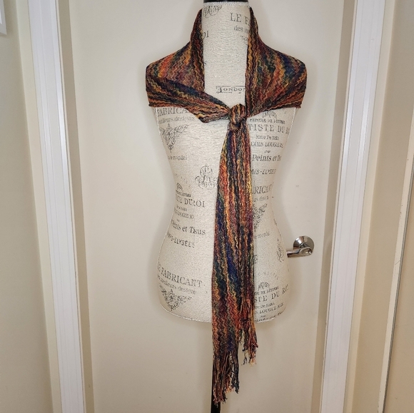 Vintage chevron rainbow knit fringe scarf - Picture 2 of 8